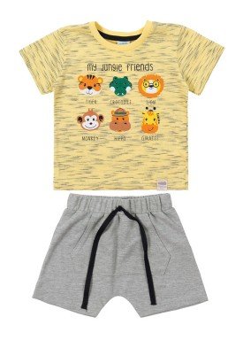 conjunto camiseta e bermuda bebe masculino jungle friends amarelo marlan 40455