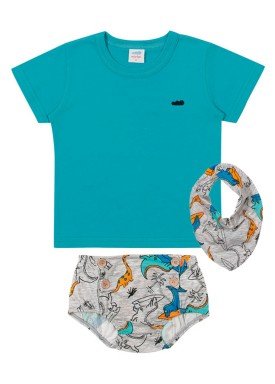 conjunto camiseta babador e tapa fraldas meia malha bebe masculino azul marlan 40482