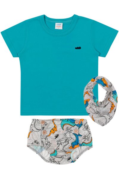 Conjunto Camiseta, Babador e Tapa Fraldas Bebê Menino Azul - Marlan