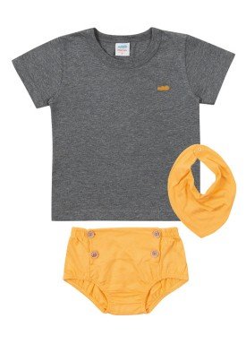conjunto camiseta babador e tapa fraldas meia malha bebe masculino mescla escuro marlan 40482
