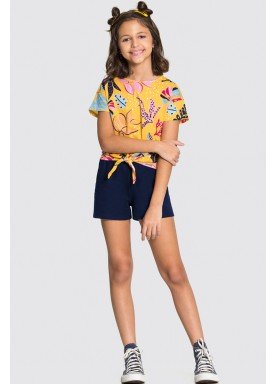 conjunto blusa e short infantil feminino folhagens amarelo alakazoo 16025 1
