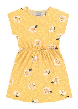 vestido meia malha infantil feminino flores amarelo alakazoo 16022
