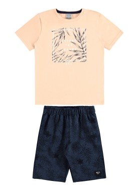 conjunto camiseta e bermuda infantil juvenil masculino leaves salmao alakazoo 34014