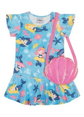 vestido e bolsa cotton infantil feminino sereias azul elian 231511