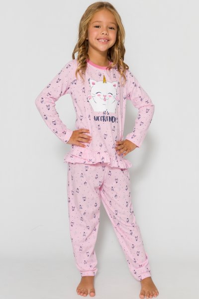 Pijama Longo Infantil Menina Weekend Rosa - Evanilda