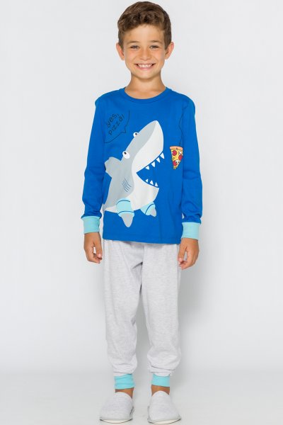 Pijama Longo Infantil Menino Pizza Shark Azul - Evanilda