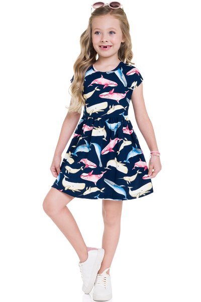 Vestido Infantil Menina Baleias Marinho - Brandili