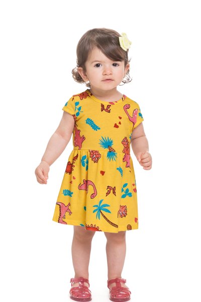 Vestido Bebê/Infantil Menina Dinos Amarelo - Alenice