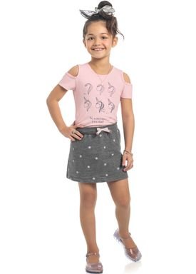 conjunto blusa e saia infantil feminino unicorn rosa kamylus 10337
