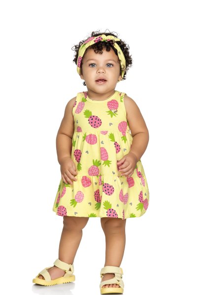 Vestido c/ Faixa Cabelo Bebê Menina Abacaxi Amarelo - Elian
