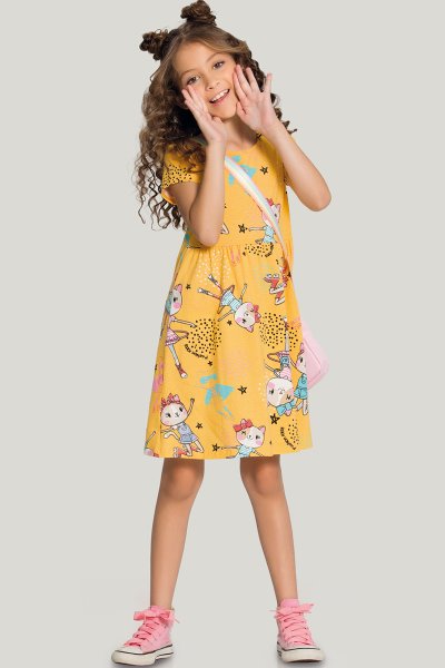Vestido Infantil Menina Fashion Kitty Amarelo - Alakazoo