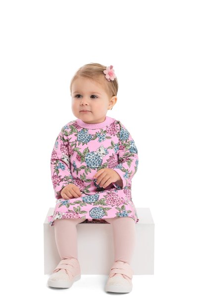 Vestido Moletom Bebê/Infantil Menina Floral Rosa - Bee Loop