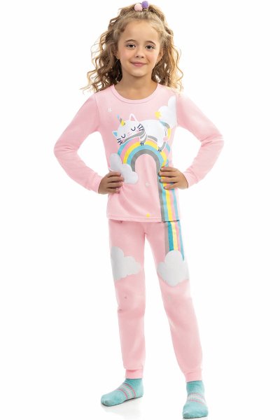 Pijama Longo Infantil Menina Rainbow Rosa - Kamylus