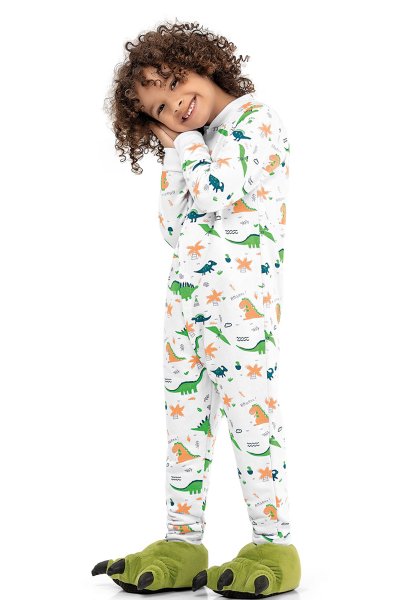 Macacão Pijama Infantil Menino Dinossauros Branco - Fakini