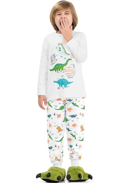 Pijama Longo Infantil Menino Dinosaur Branco - Fakini
