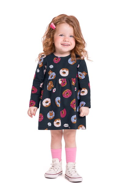 Vestido Cotton Infantil Menina Donuts Chumbo - Alenice