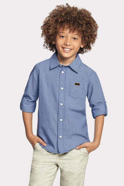 Camisa Tecido Tricoline Infantil Menino Azul - Alakazoo