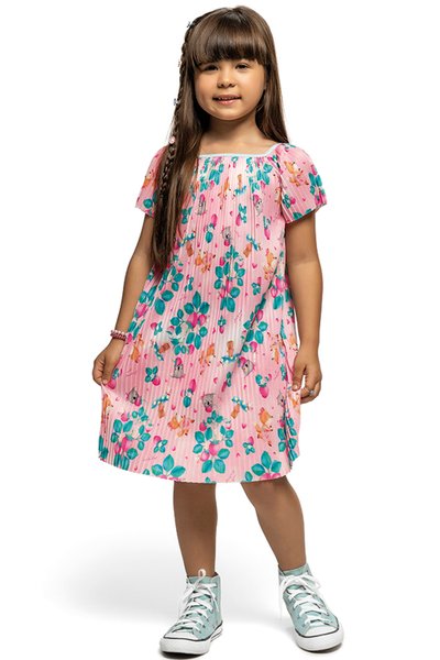 Vestido Plissado Infantil Menina Morangos Rosa - Kamylus
