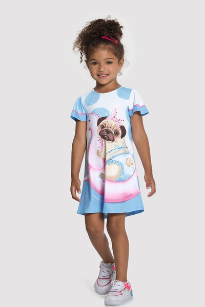 Vestido em Malha Modelli Infantil Menina Pug Azul - Alakazoo