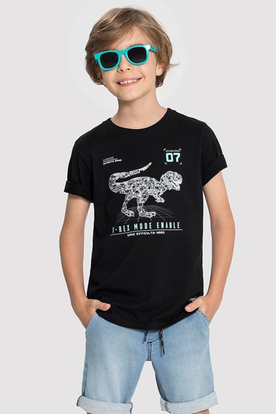 Camiseta em Meia Malha Infantil Menino T-Rex Preto - Alakazoo