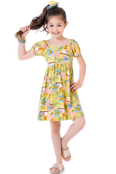 Vestido em Cotton Infantil Menina Summer Bird Amarelo - Fakini