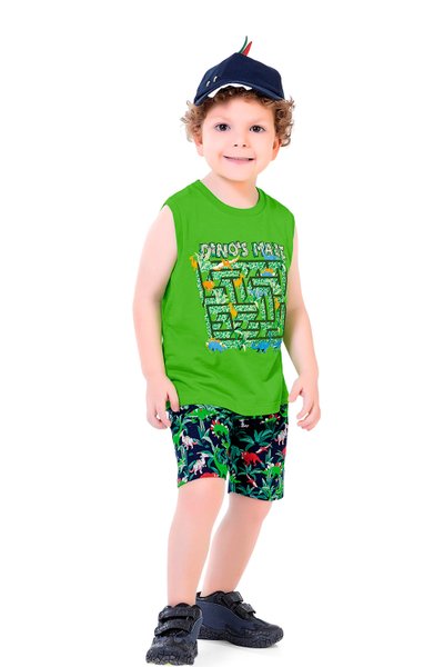 Conjunto Curto Infantil Menino Dino's Maze Verde - Fakini