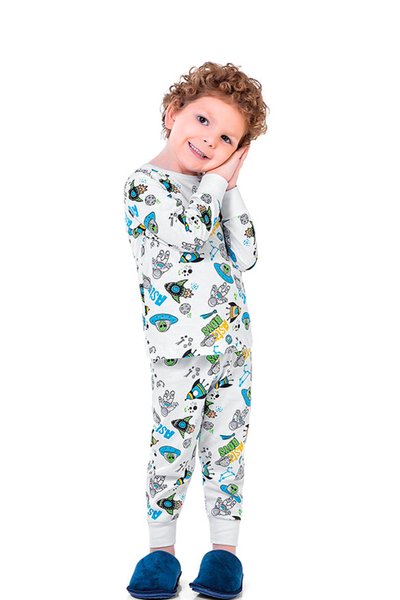 Pijama Longo Infantil Menino Galaxy Branco - Fakini