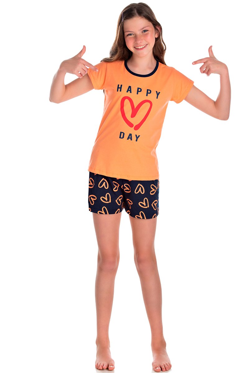 01 pijama curto juvenil menina happy day laranja isensee